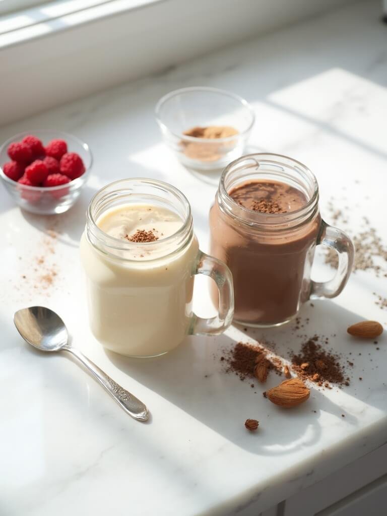 Protein Pudding (Whey/Casein + Almond Milk) 2 "overhead shot of vanilla and chocolate protein puddings in glass mason jars on a white marble countertop, with raspberries, cocoa powder, and chia seeds in small bowls nearby, styled minimally with scattered almonds and protein powder. "