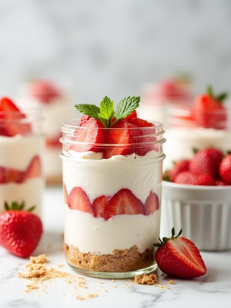 "protein strawberry cheesecake layered in a mason jar with fresh strawberries and graham cracker on white marble background"