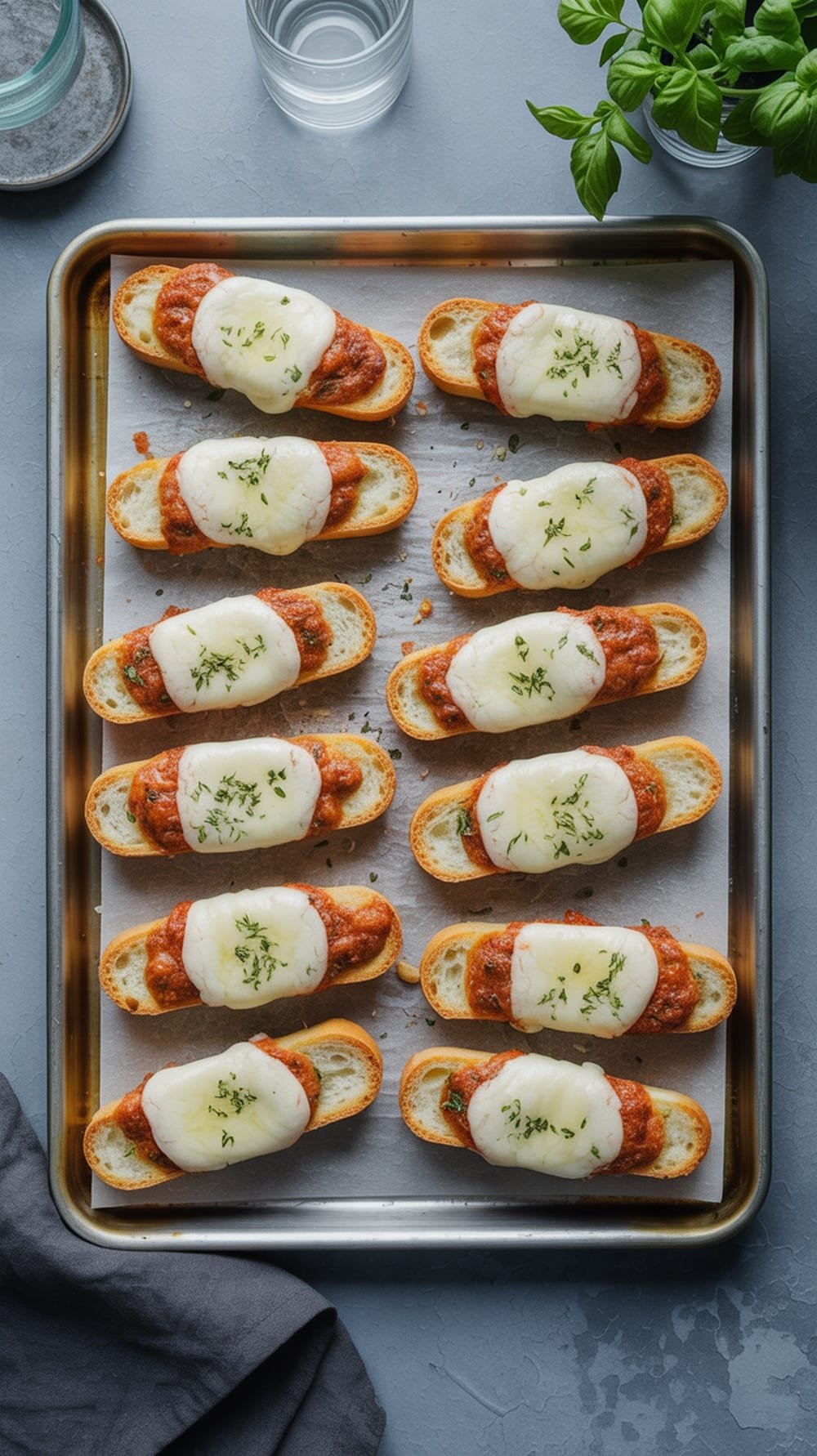 Cheesy garlic breadsticks topped with melted cheese and herbs on a baking tray.