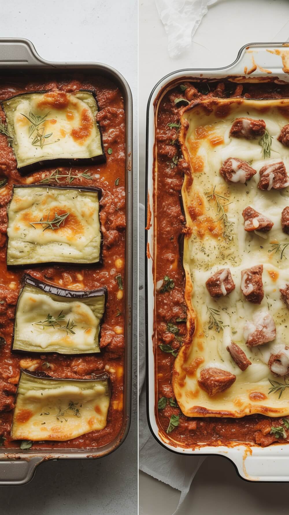 Two different styles of low-carb beef lasagna with eggplant and cheese.