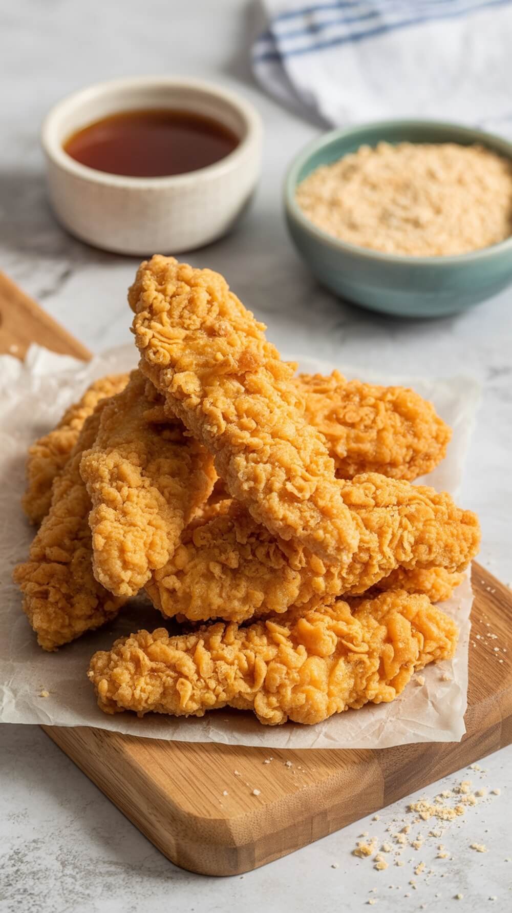 A stack of crispy chicken tenders on a wooden board with dipping sauce and almond flour in the background.
