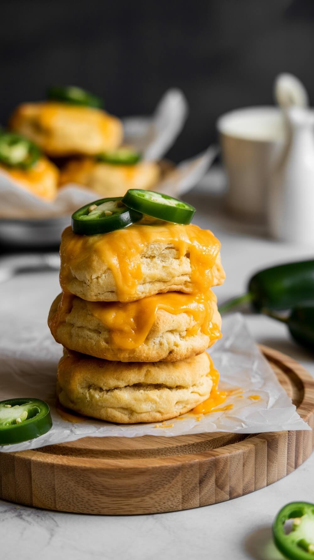 Three stacked keto jalapeño cheddar biscuits topped with jalapeño slices