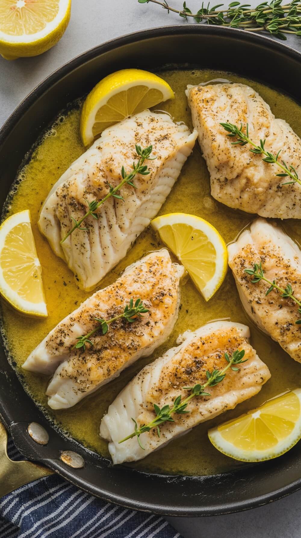 8 Delicious Keto-Friendly Seafood Recipes For Quick Meals 7 A pan of lemon-butter cod fillets garnished with lemon slices and fresh herbs.