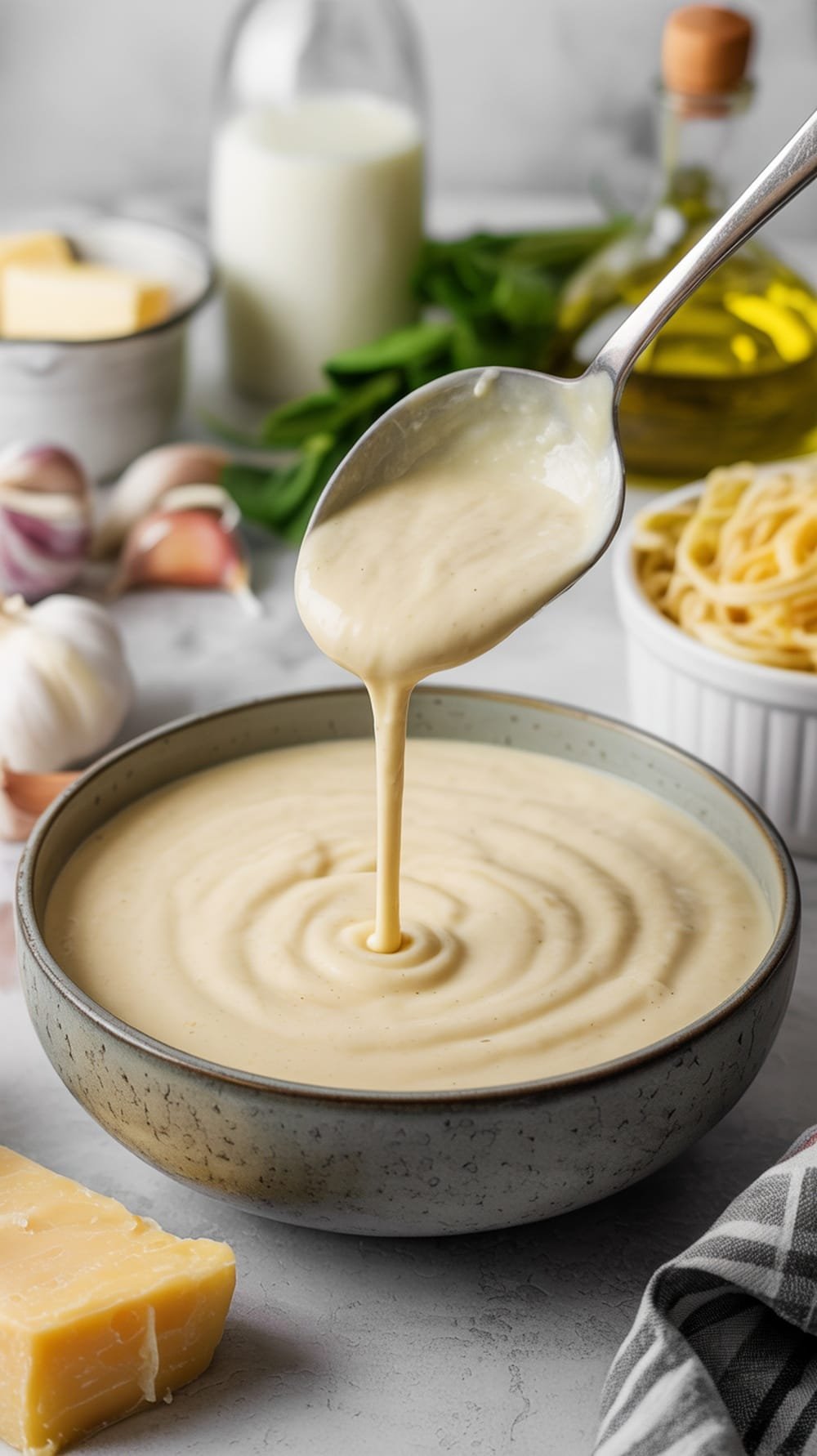 A bowl of creamy keto alfredo sauce with garlic and cheese ingredients in the background.