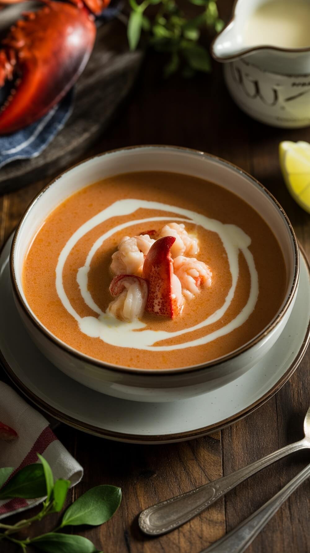 8 Delicious Keto-Friendly Seafood Recipes For Quick Meals 10 A bowl of creamy lobster bisque garnished with lobster pieces and a swirl of cream.