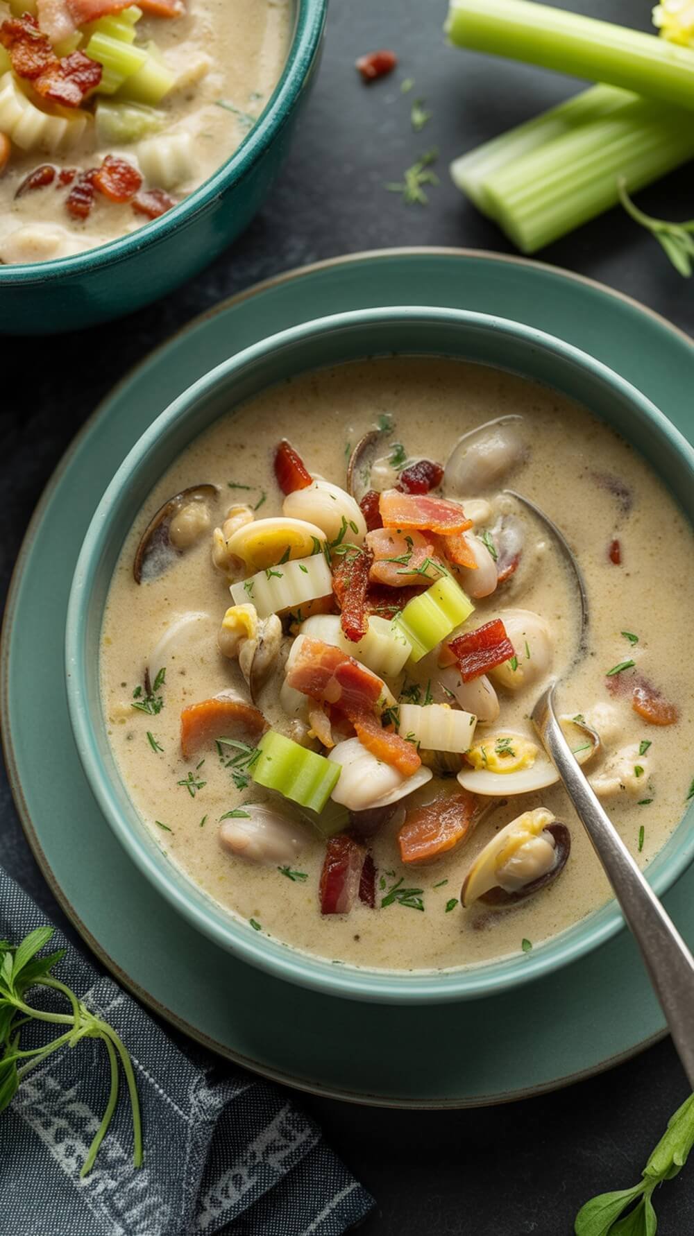 7 Cozy Keto Soups And Stews For The Perfect Bowl Food Season 3 A bowl of creamy keto clam chowder topped with bacon and celery.
