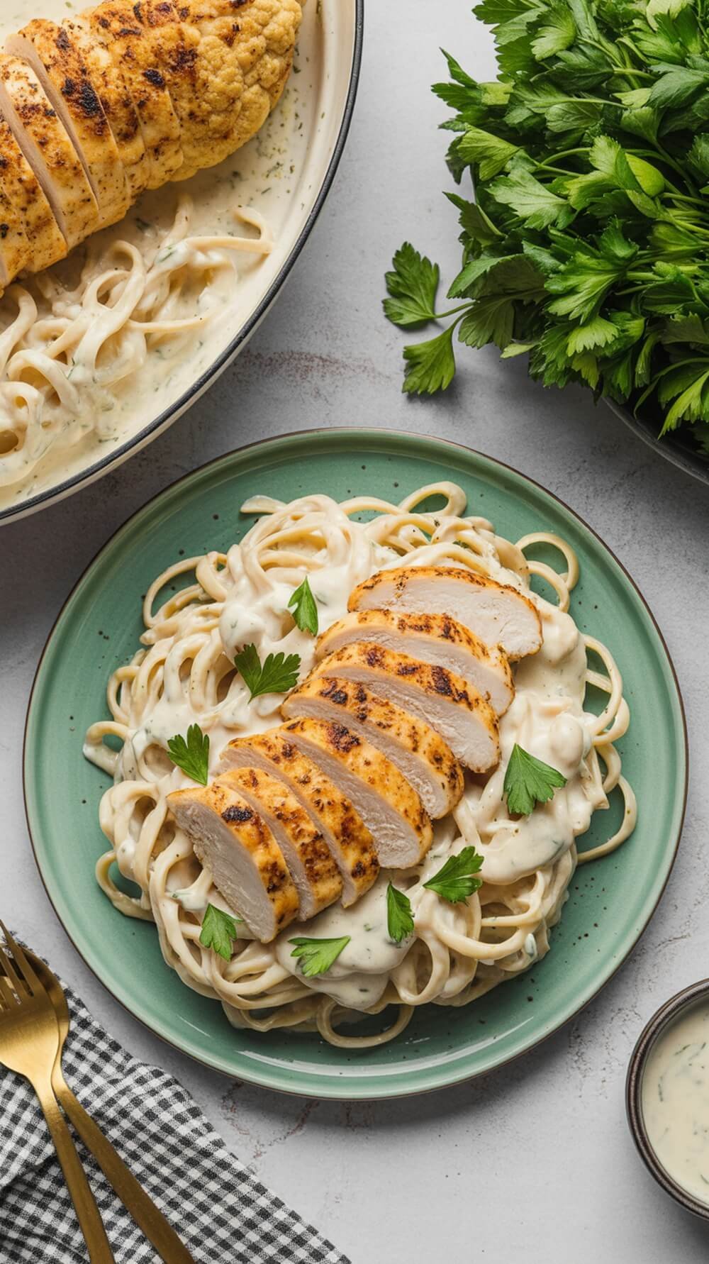 Creamy keto chicken alfredo with cauliflower noodles served on a plate