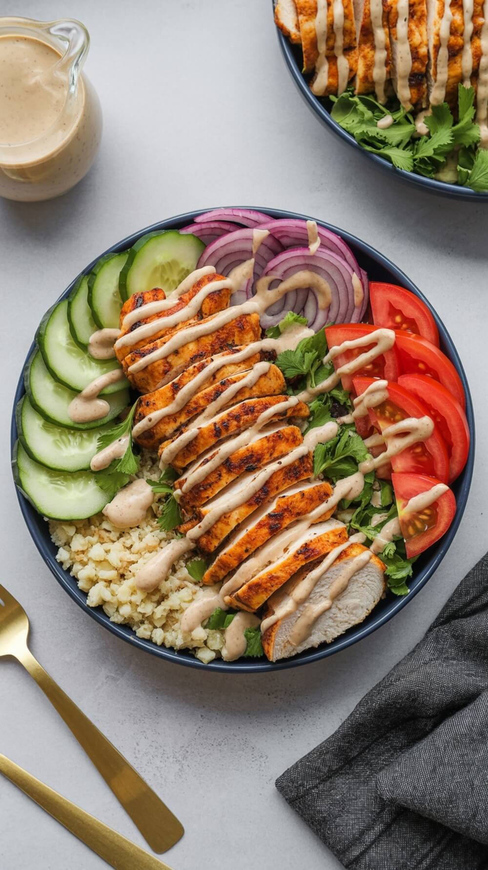 A colorful keto chicken shawarma bowl with sliced chicken, fresh vegetables, and sauce.