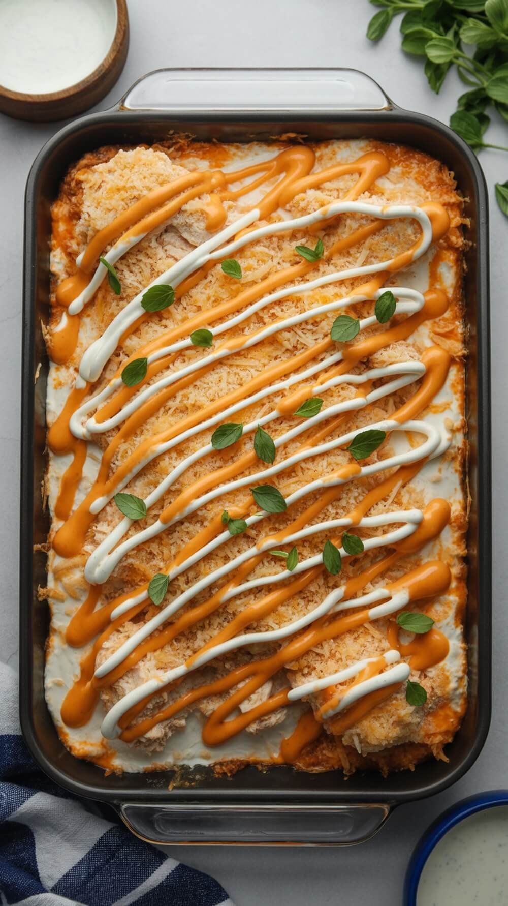 Buffalo ranch chicken casserole topped with sauce and herbs