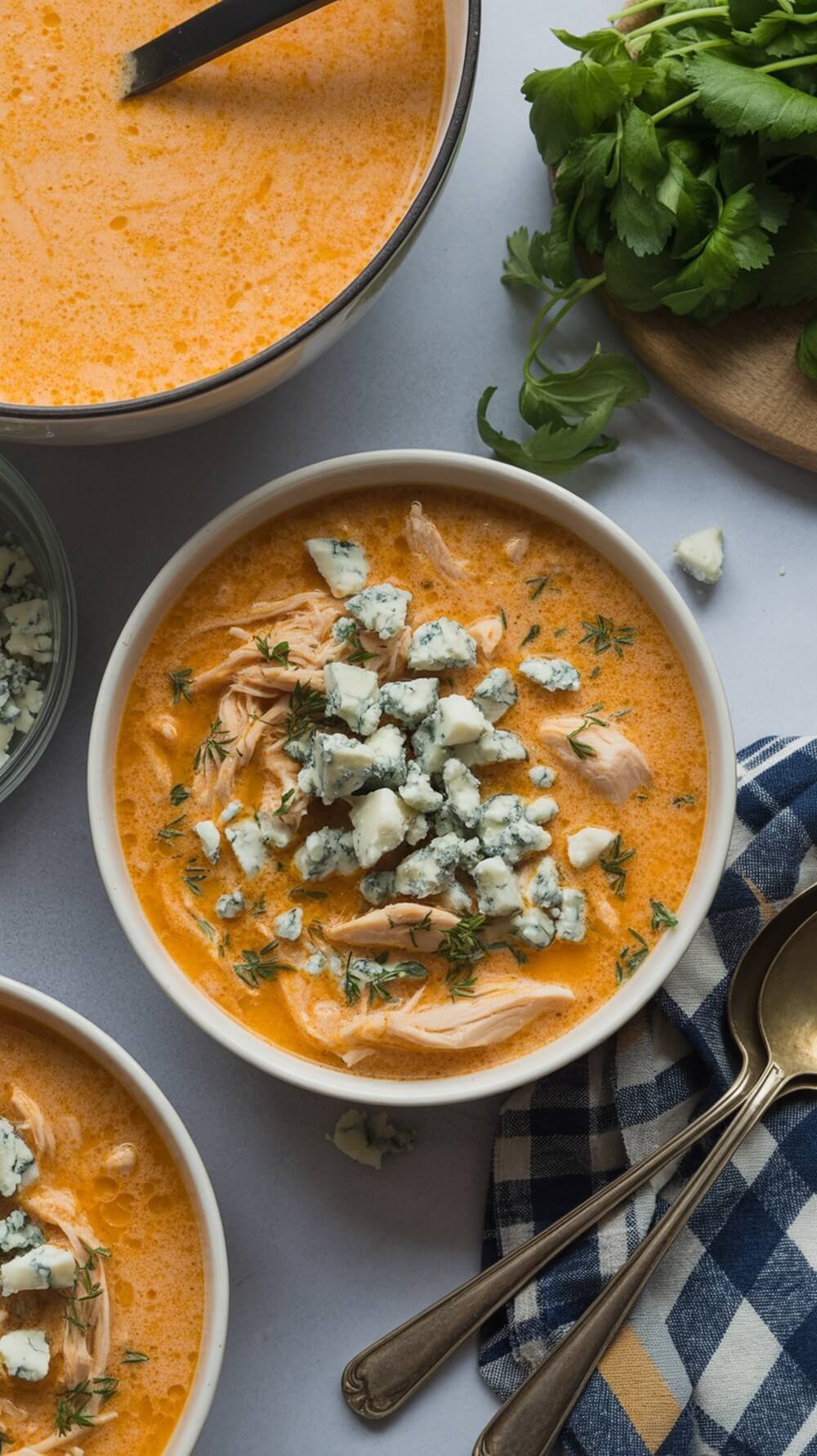 7 Cozy Keto Soups And Stews For The Perfect Bowl Food Season 5 A bowl of creamy keto buffalo chicken soup topped with blue cheese and herbs.