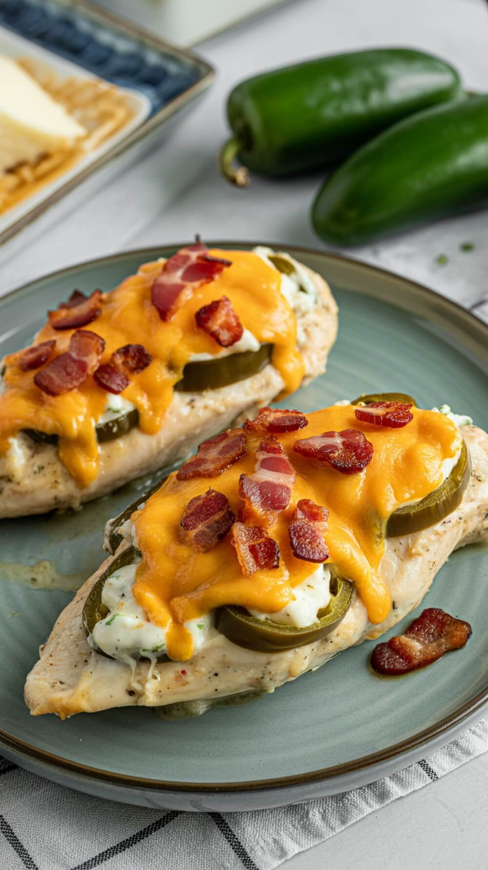 Spicy keto jalapeño popper chicken on a plate with jalapeños and bacon.