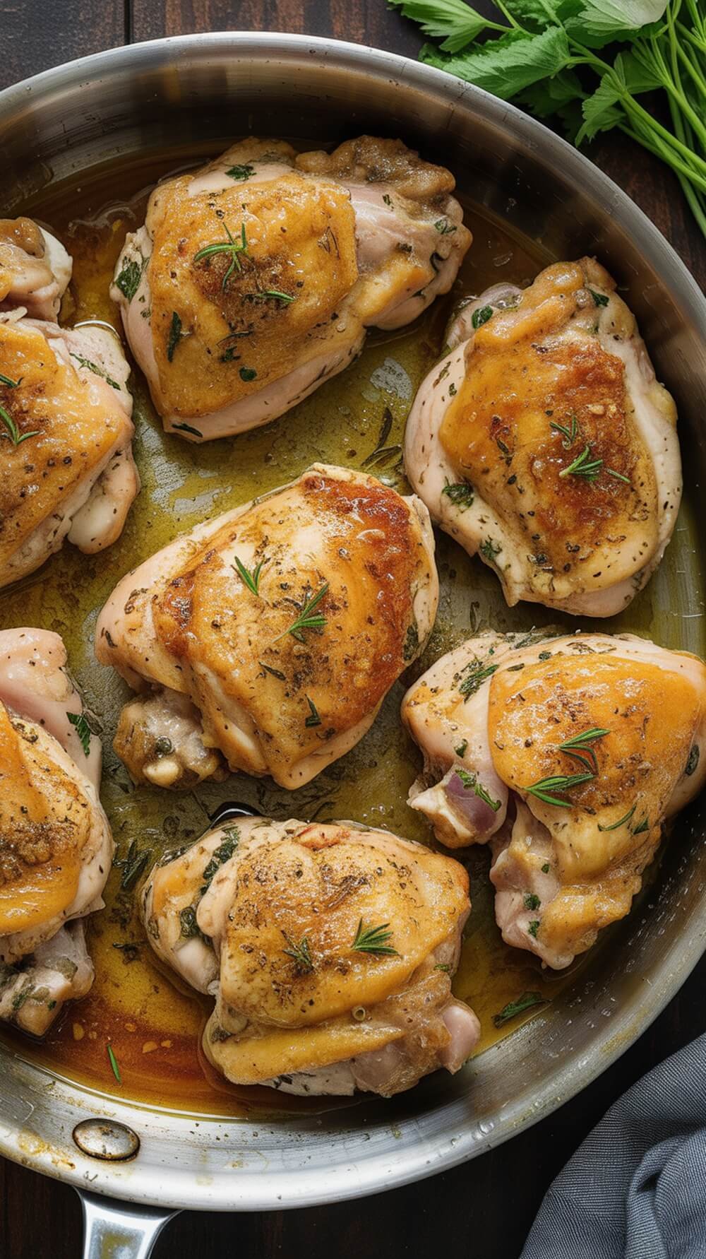 Deliciously cooked chicken thighs in garlic butter with herbs.