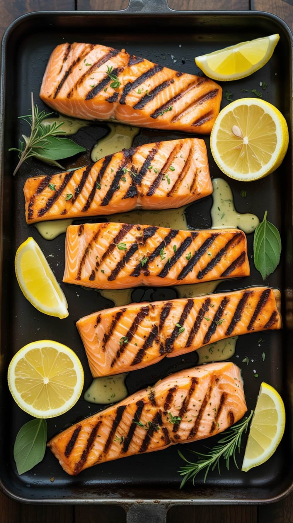8 Delicious Keto-Friendly Seafood Recipes For Quick Meals 3 Grilled salmon fillets with lemon slices and herbs on a black tray.