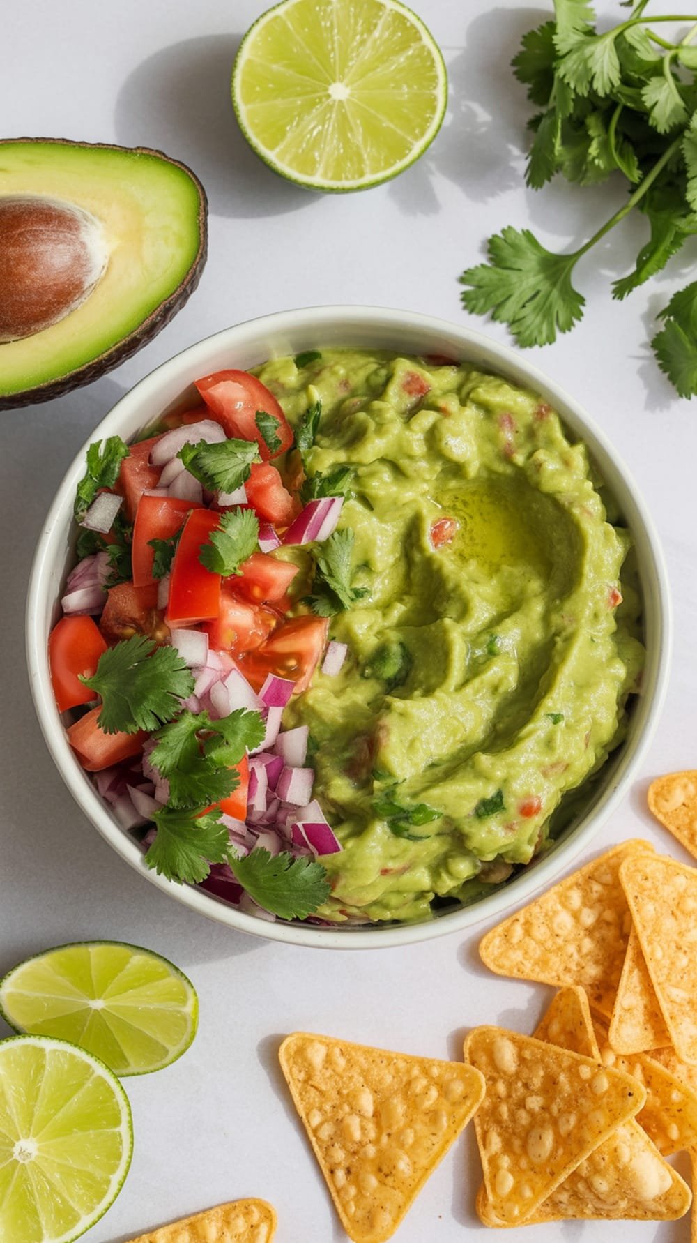 A bowl of homemade guacamole with diced tomatoes and lime slices.