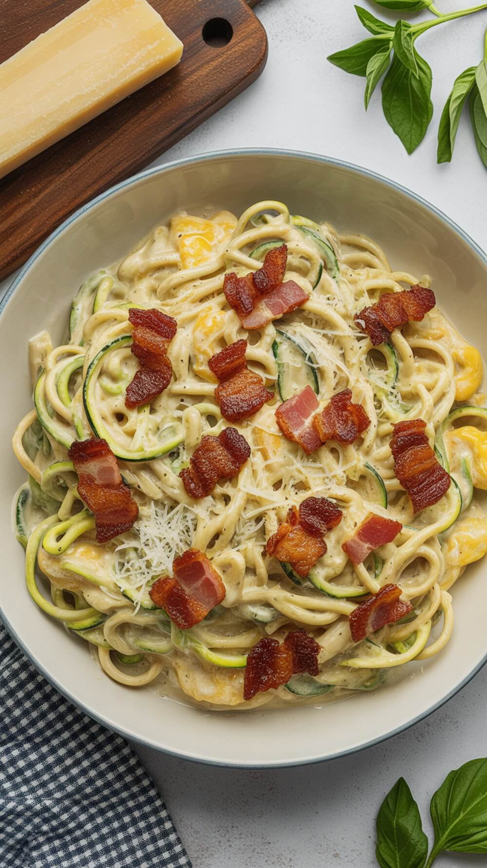 A bowl of zucchini noodle carbonara topped with crispy bacon and cheese.