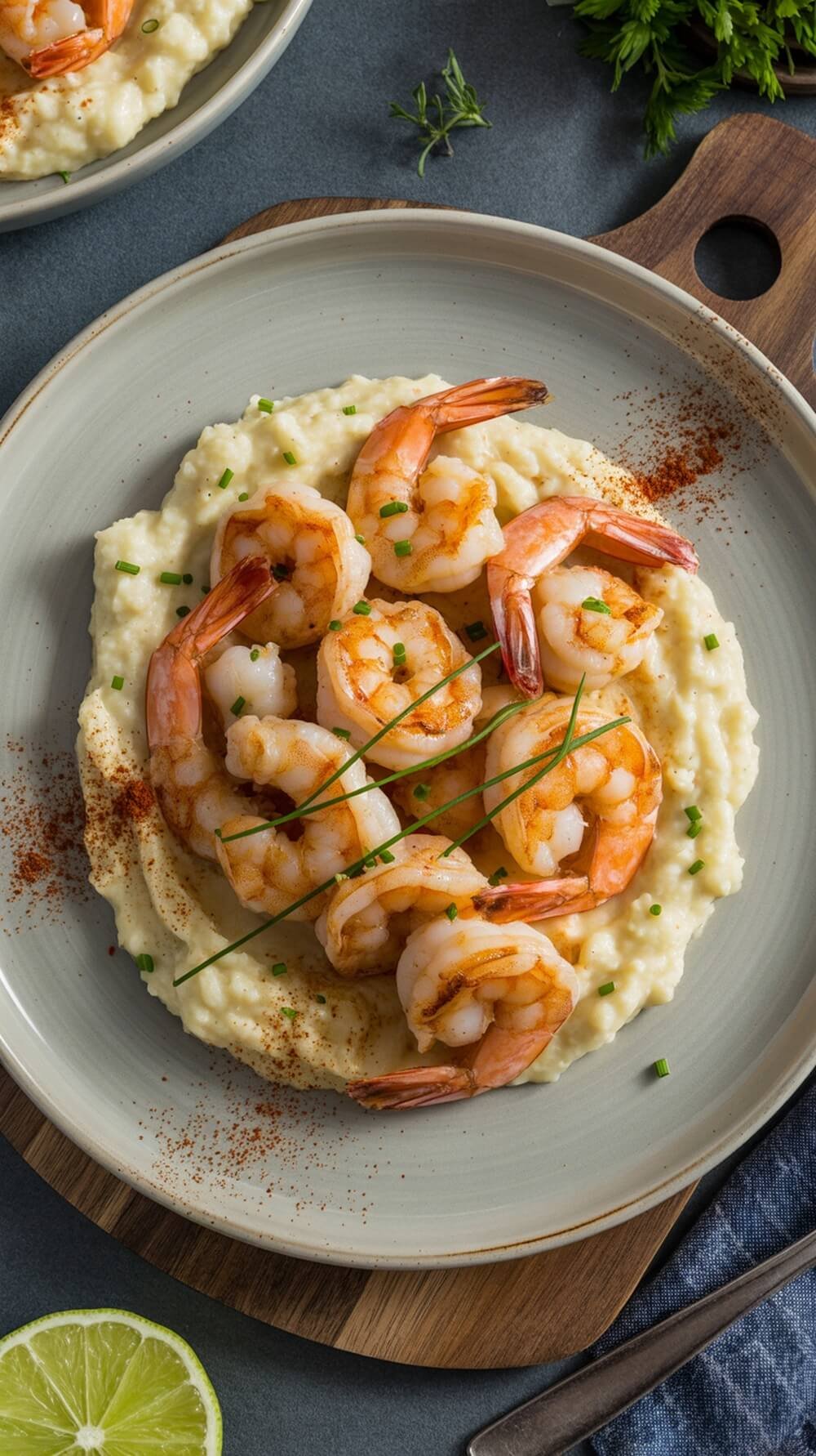 8 Delicious Keto-Friendly Seafood Recipes For Quick Meals 6 A plate of shrimp served on creamy cauliflower grits, garnished with chives.