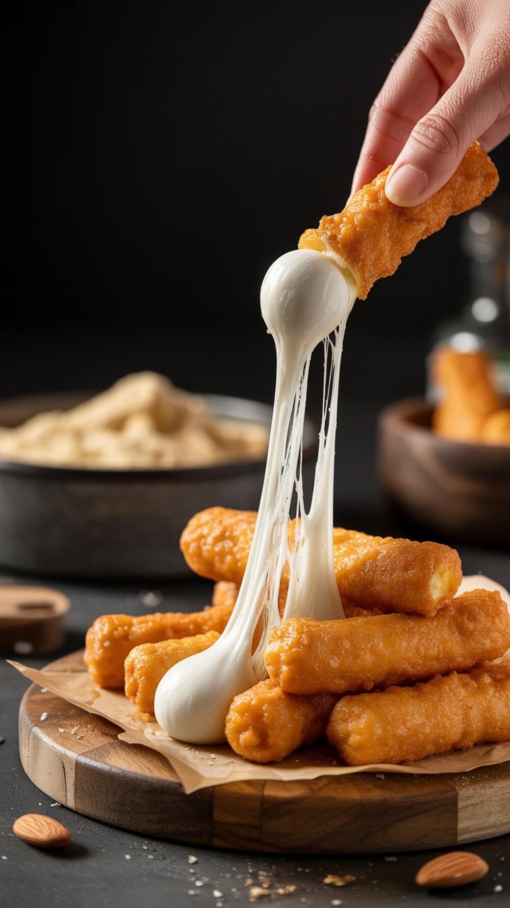 A hand dipping a crispy mozzarella stick with melted cheese stretching from it.