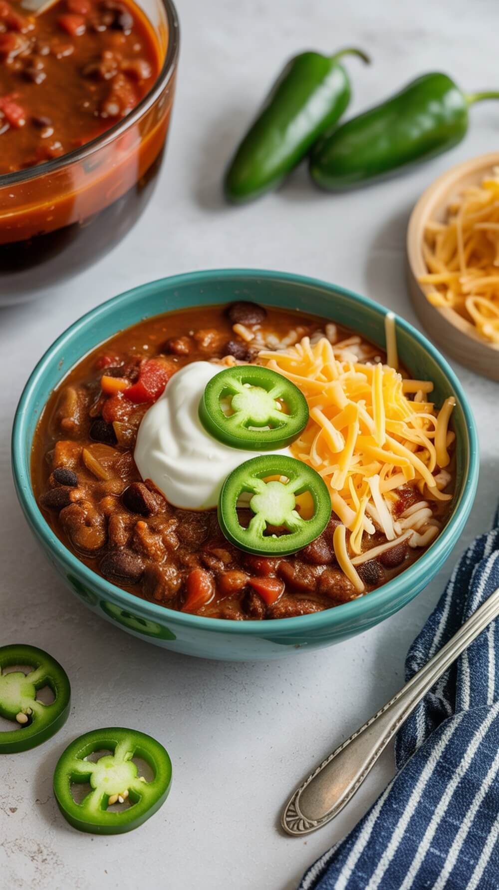 7 Cozy Keto Soups And Stews For The Perfect Bowl Food Season 9 A bowl of keto beef chili topped with cheese and jalapeños, with a pot of chili in the background.