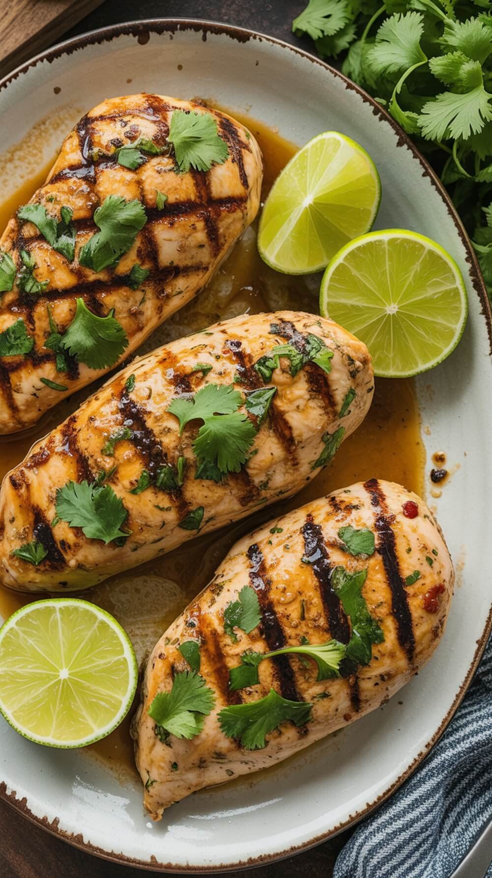 Grilled chicken breasts garnished with cilantro and lime slices on a plate.