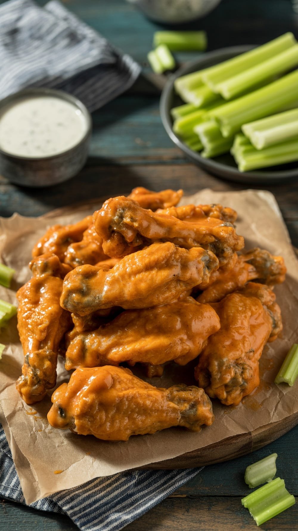 A plate of crispy baked buffalo wings with celery sticks and ranch dressing.