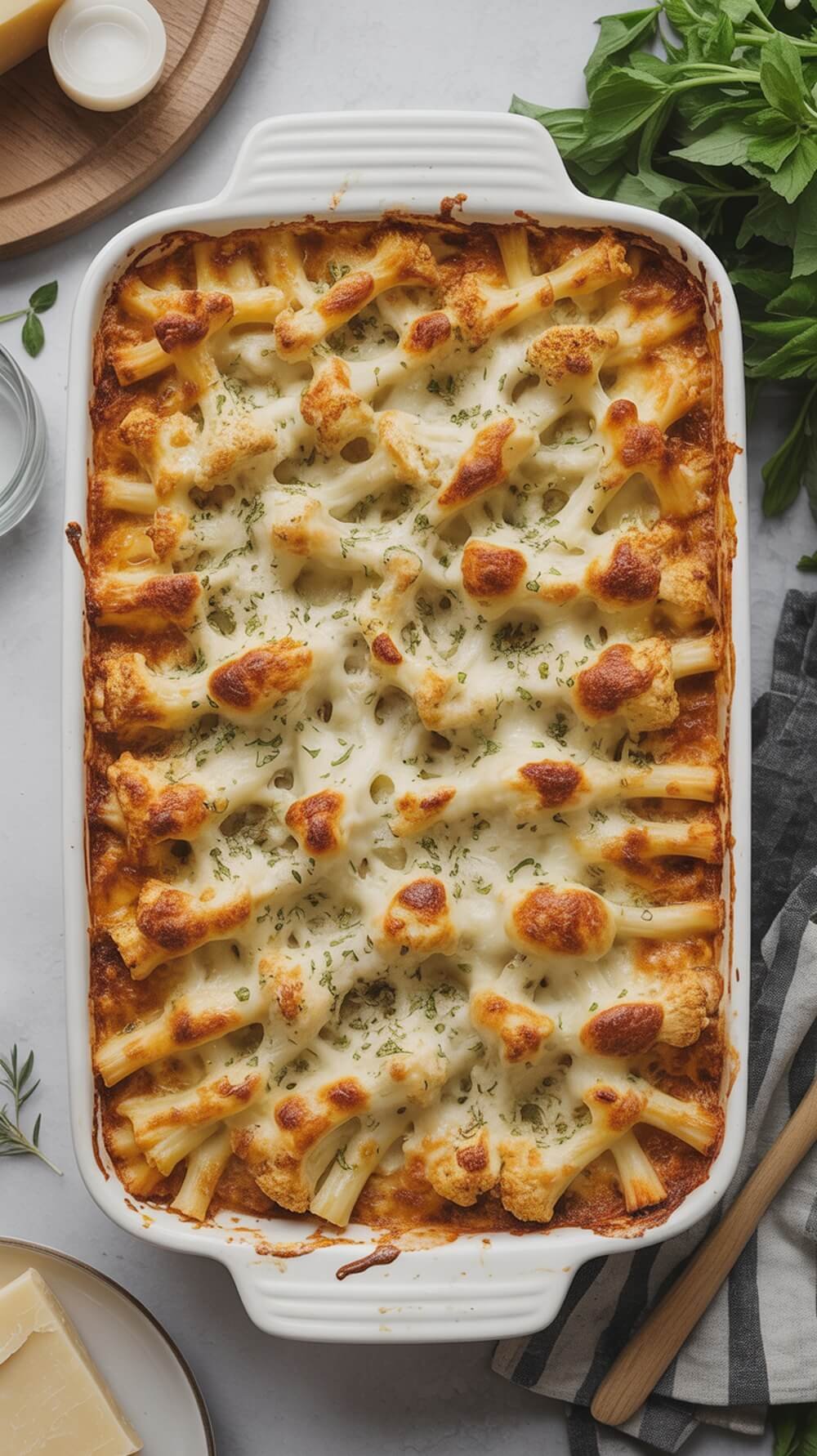 A baked ziti dish made with cauliflower, topped with melted cheese and herbs.