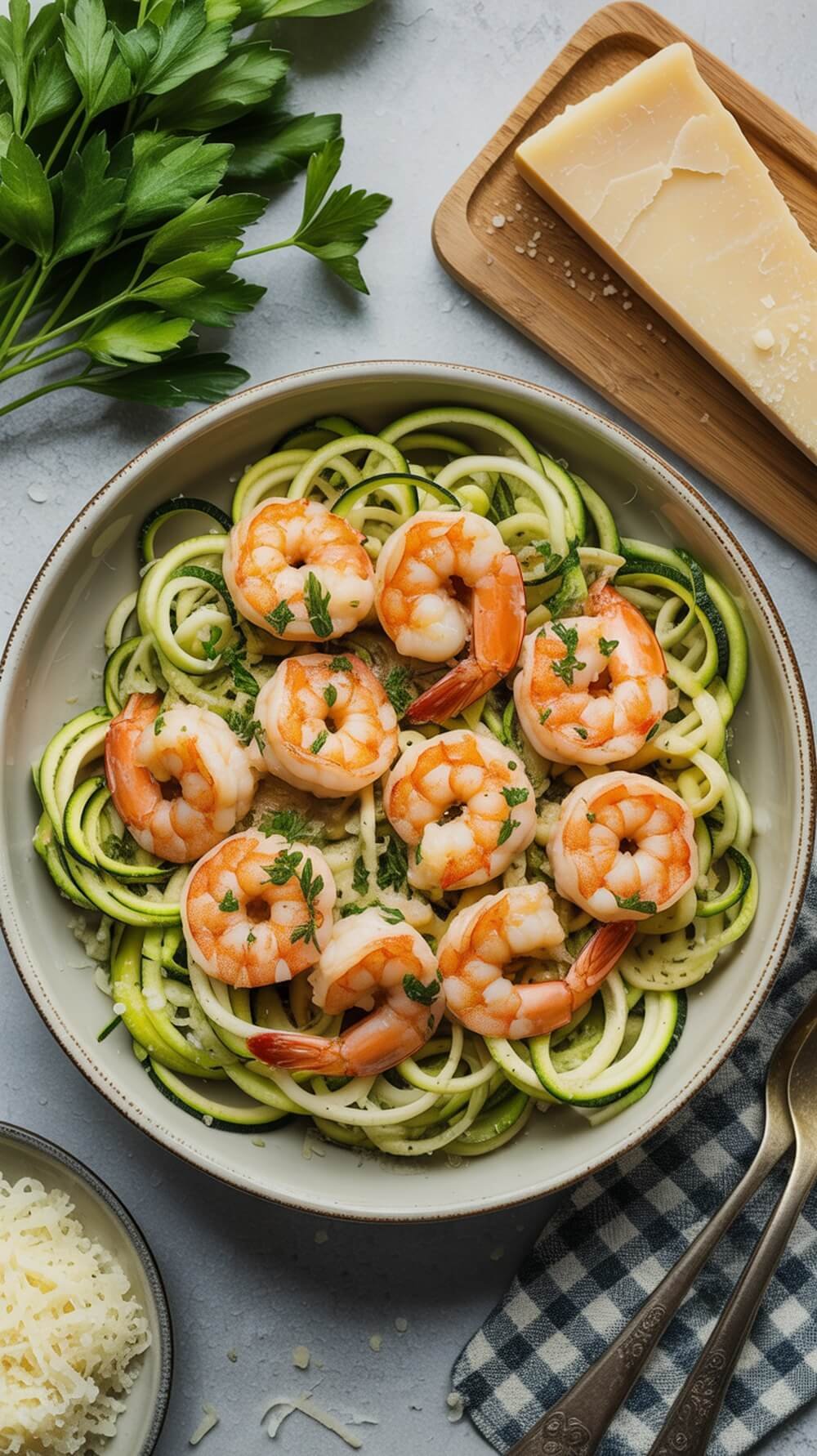 8 Delicious Keto-Friendly Seafood Recipes For Quick Meals 4 A bowl of garlic butter shrimp served on a bed of zoodles with parsley and parmesan.