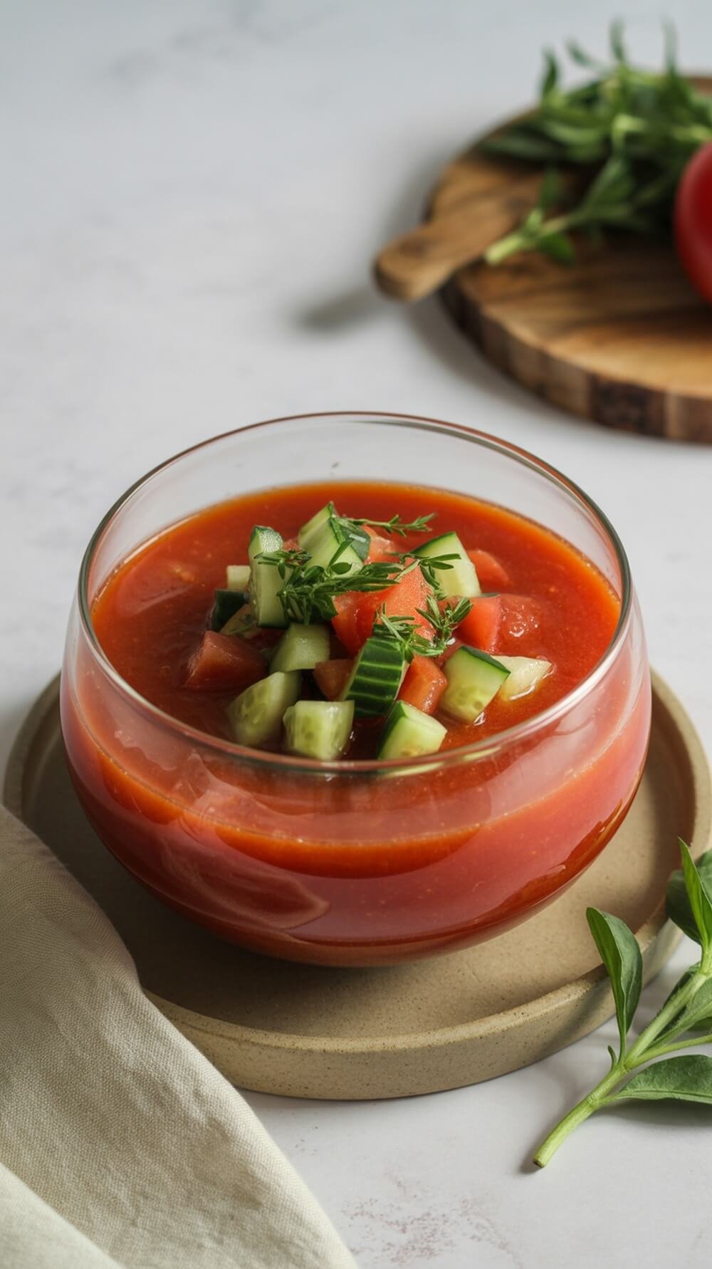 7 Cozy Keto Soups And Stews For The Perfect Bowl Food Season 7 A bowl of fresh keto gazpacho topped with diced cucumbers and herbs.