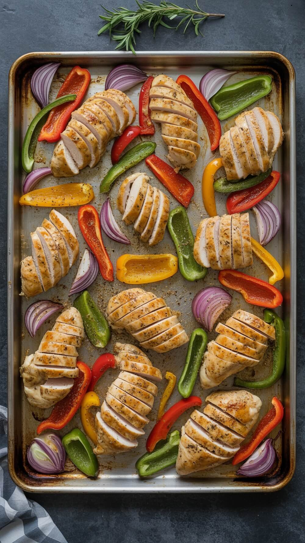 Sheet-pan chicken fajitas with sliced chicken and colorful peppers on a baking tray.