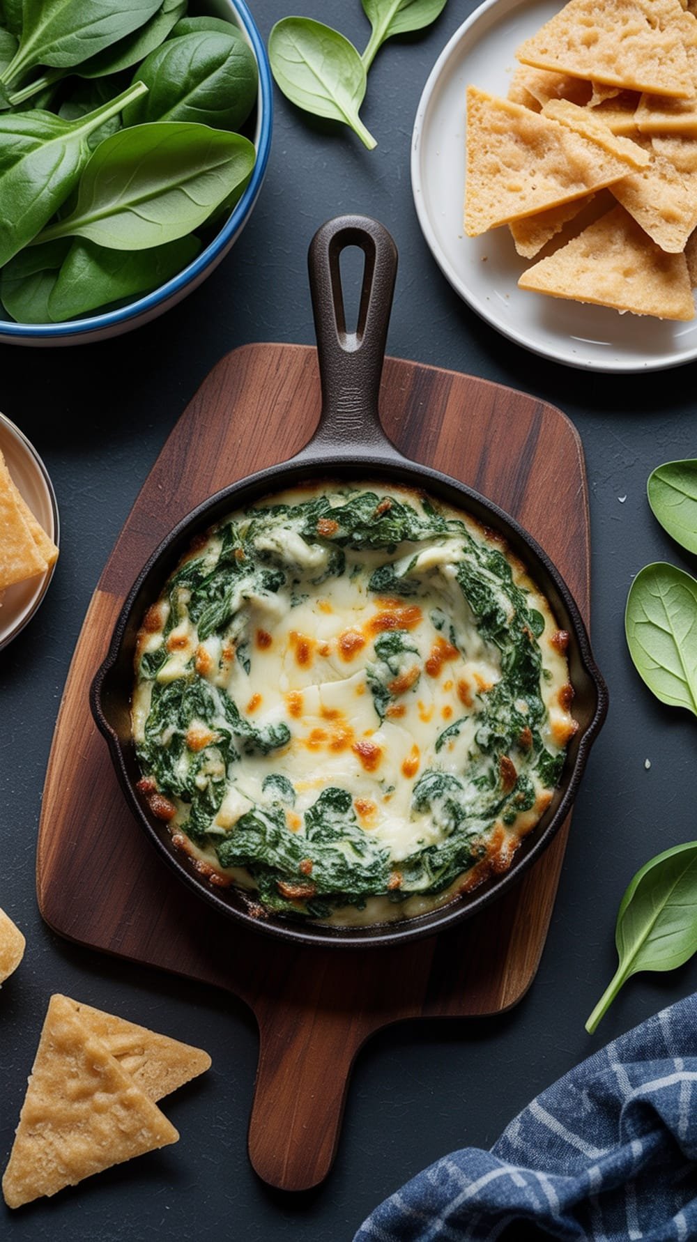 A skillet of creamy spinach-artichoke dip surrounded by spinach leaves and low-carb crackers.