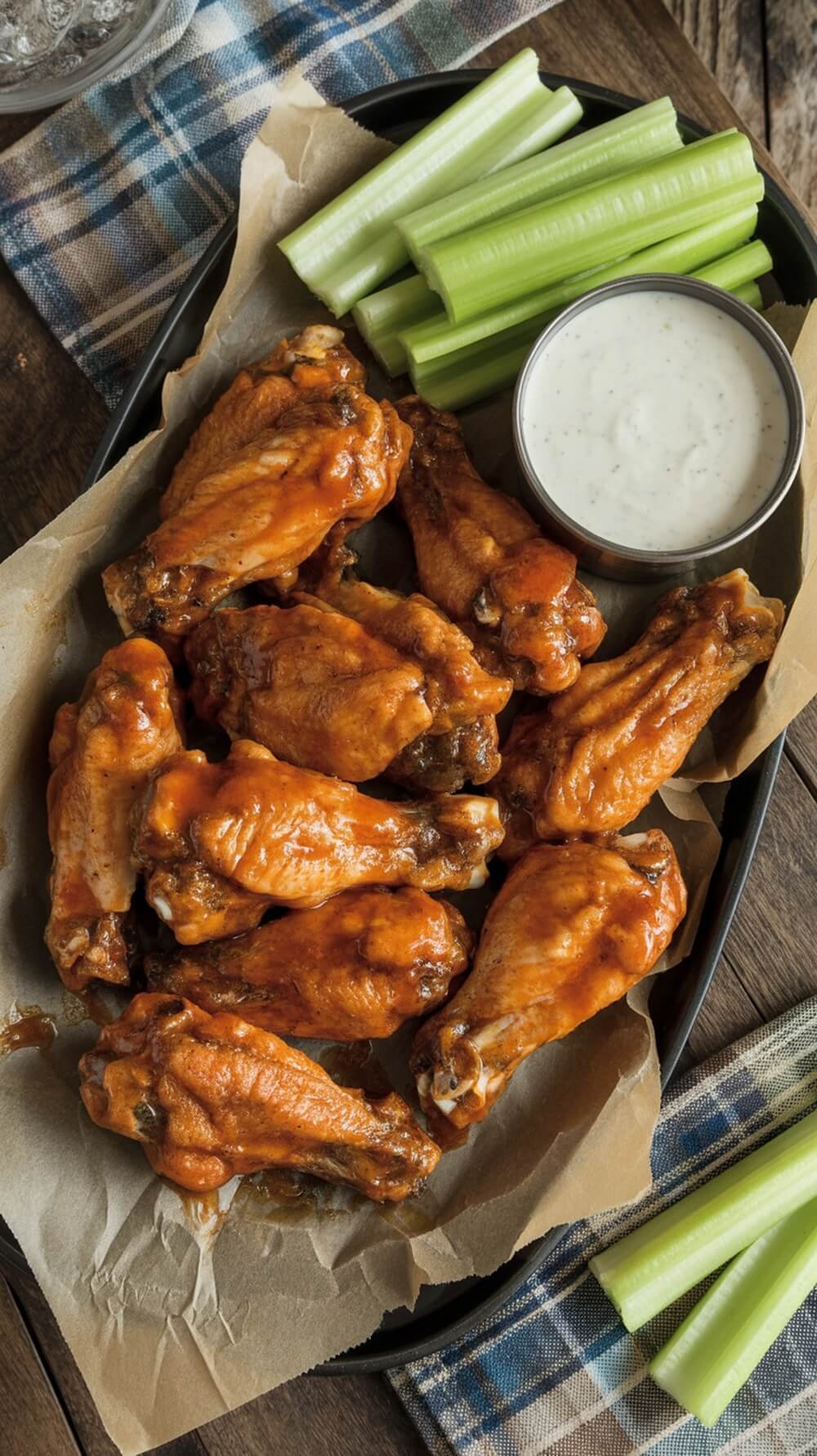 A plate of crispy baked buffalo wings served with celery and ranch dressing.