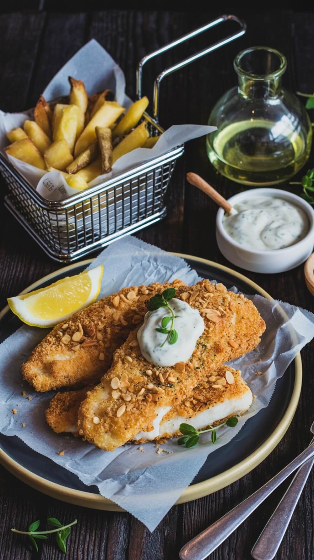 8 Delicious Keto-Friendly Seafood Recipes For Quick Meals 9 A plate of crispy almond-crusted fish with turnip fries, lemon, and dipping sauce.