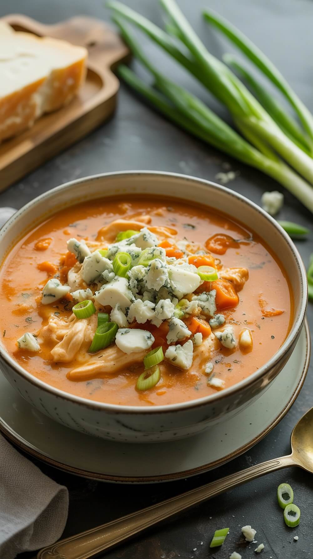 A bowl of creamy keto buffalo chicken soup topped with blue cheese and green onions.