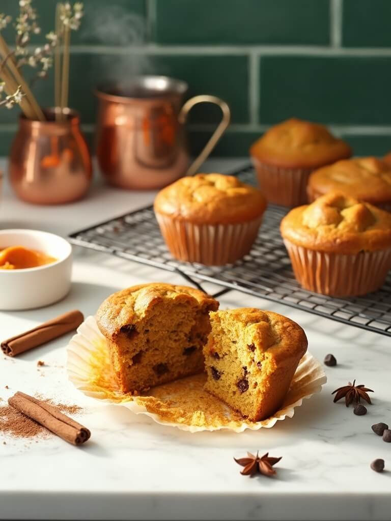 "freshly baked pumpkin spice muffins with scattered ingredients on a marble countertop, with a green subway tile backsplash in the background"