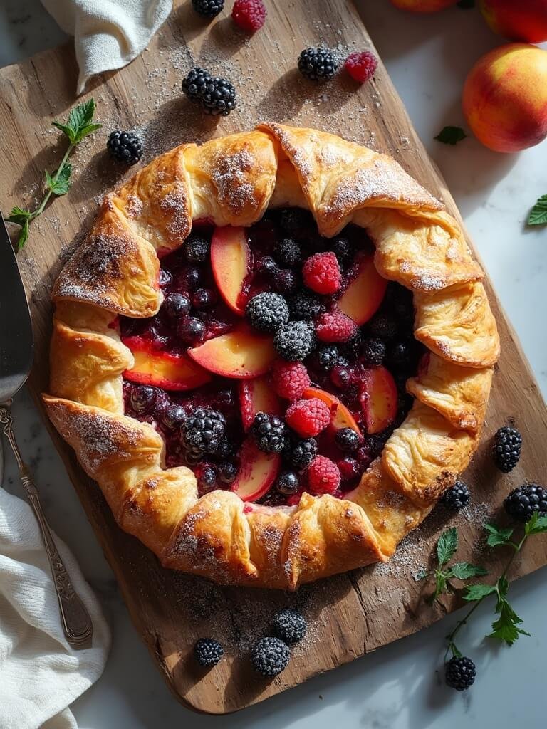 "freshly baked rustic mixed berry and stone fruit galette with a golden crust on a wooden board, surrounded by fresh berries and peach slices, with a vintage linen napkin and silver cake server. "