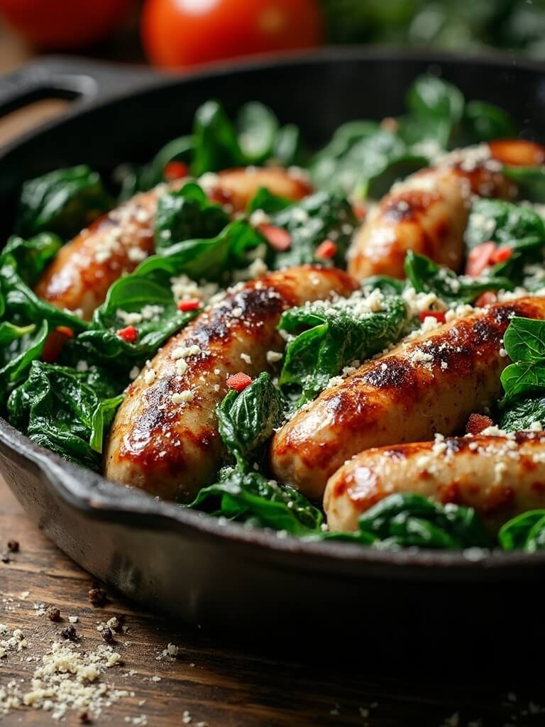 Sausage &Amp; Spinach Skillet 2 "closeup of italian sausage and spinach skillet garnished with parmesan and garlic in rustic setting"