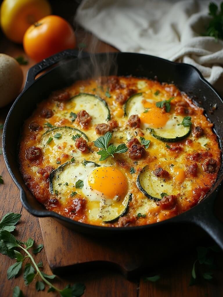 "golden-brown frittata with italian sausage, zucchini, and melted cheddar cheese in a rustic cast iron skillet on a weathered wooden cutting board"