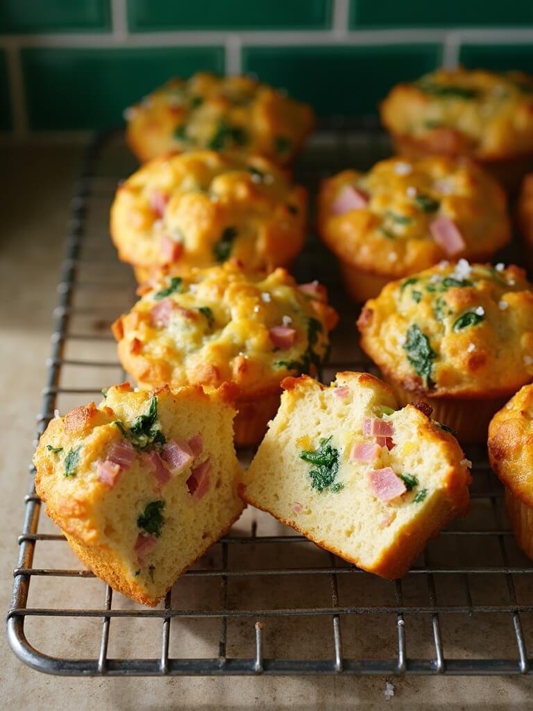Savory Cheese, Spinach &Amp; Ham Muffins 2 "freshly baked savory cheese, spinach, and ham muffins on a wire cooling rack in a modern kitchen"