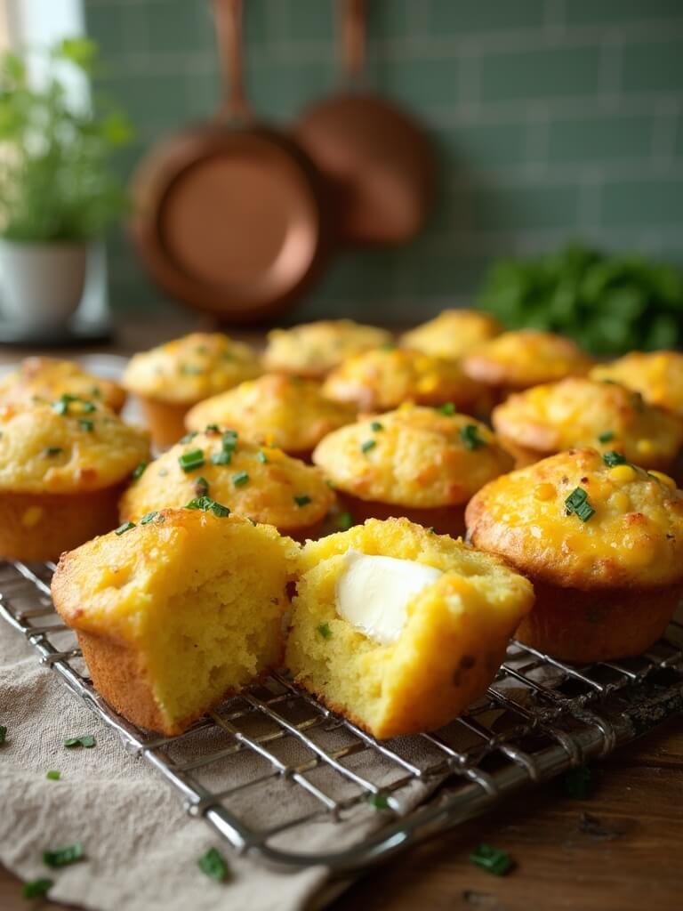 Savory Corn Muffins With Cheddar And Herbs 2 "golden-brown corn muffins with cheddar and herbs on a rustic cooling rack in a modern kitchen setting"