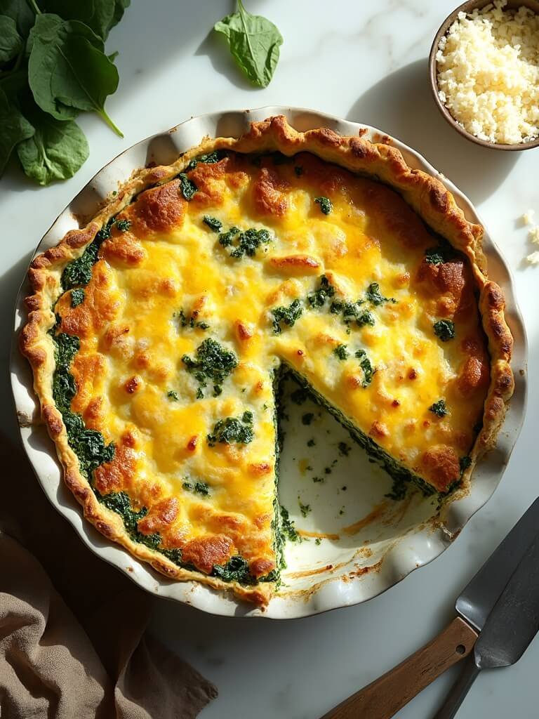 "overhead shot of a freshly baked spinach and egg pie with cheese in a rustic presentation on a marble countertop. "