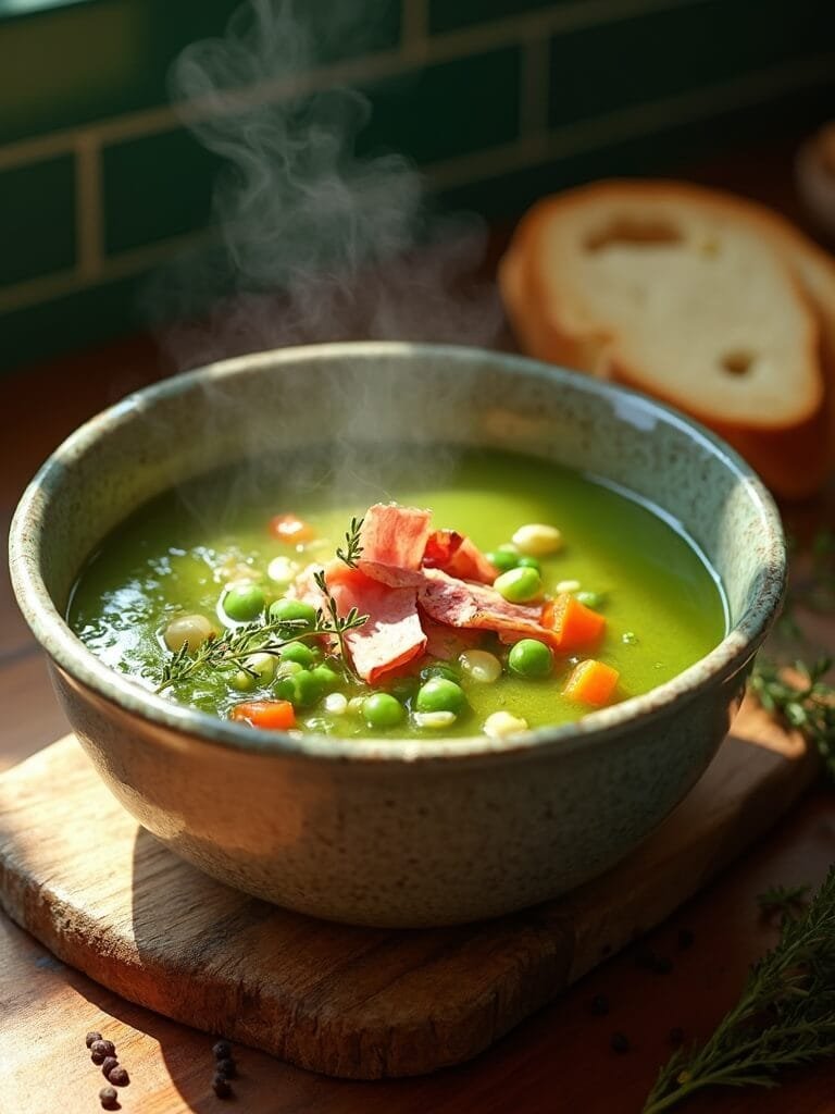 Split Pea Soup (Classic Ham &Amp; Pea Or Vegetarian Options) 2 "close-up of steaming split pea soup with ham and vegetables in a rustic setting"