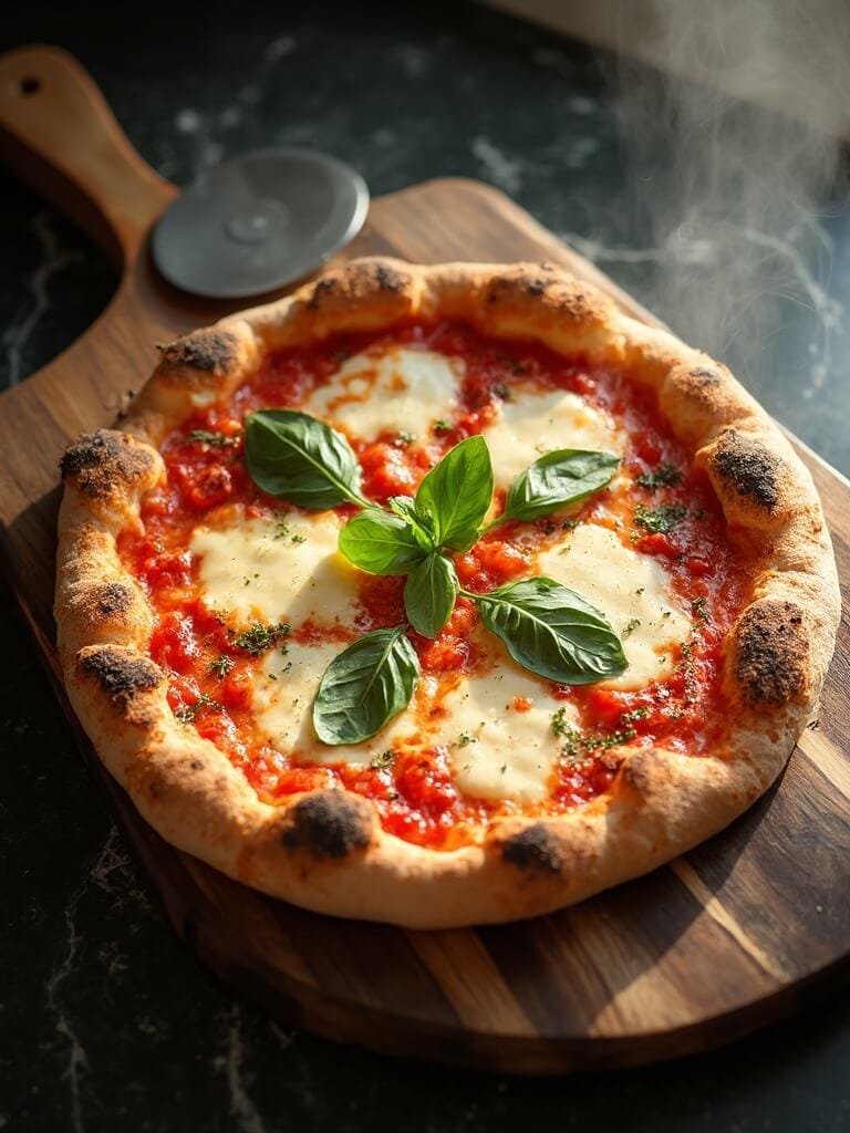 "overhead shot of a turkey crust pizza with melted mozzarella on a rustic wooden board on a dark marble counter"