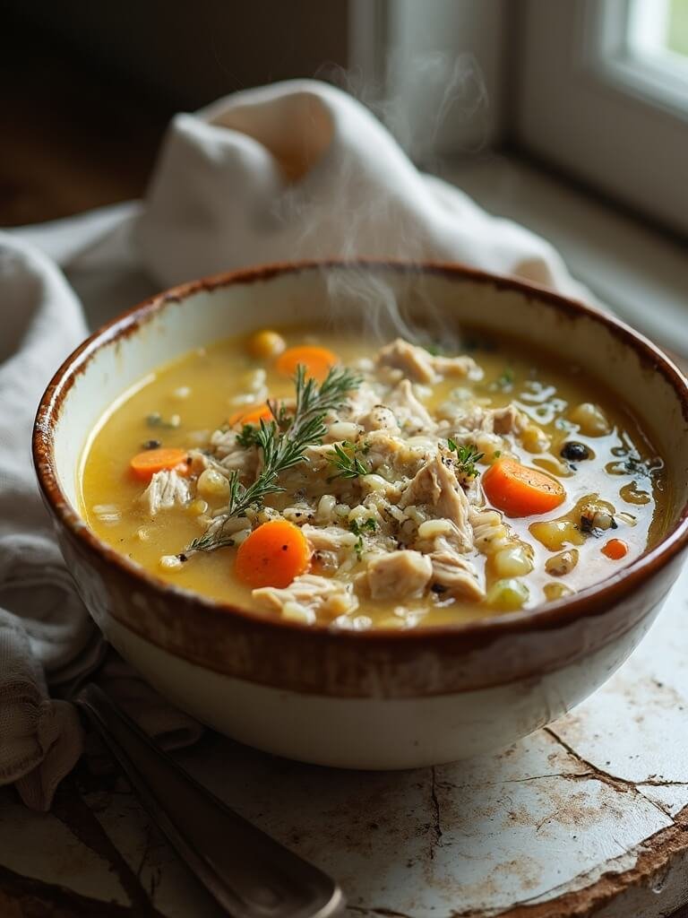 "close-up of rustic bowl filled with creamy turkey and wild rice soup garnished with herbs, on a weathered wooden table"