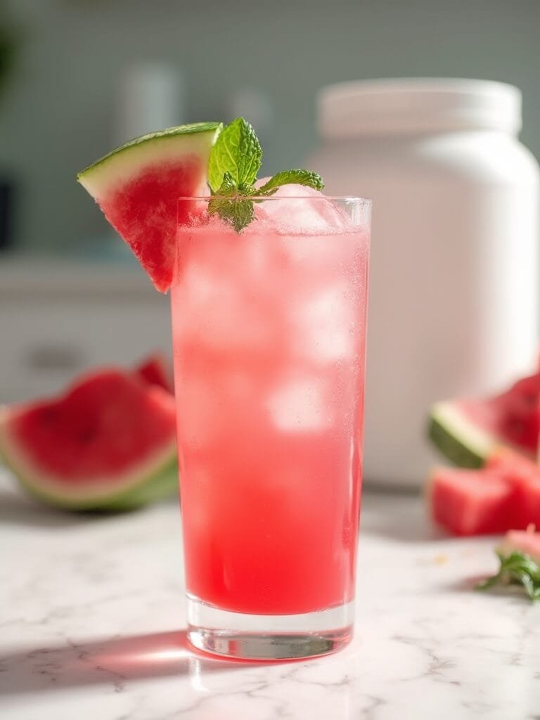 "vibrant watermelon protein drink in a modern glass, garnished with fresh watermelon and mint on a marble countertop, with blurred background of watermelon chunks, blender, and protein powder. "