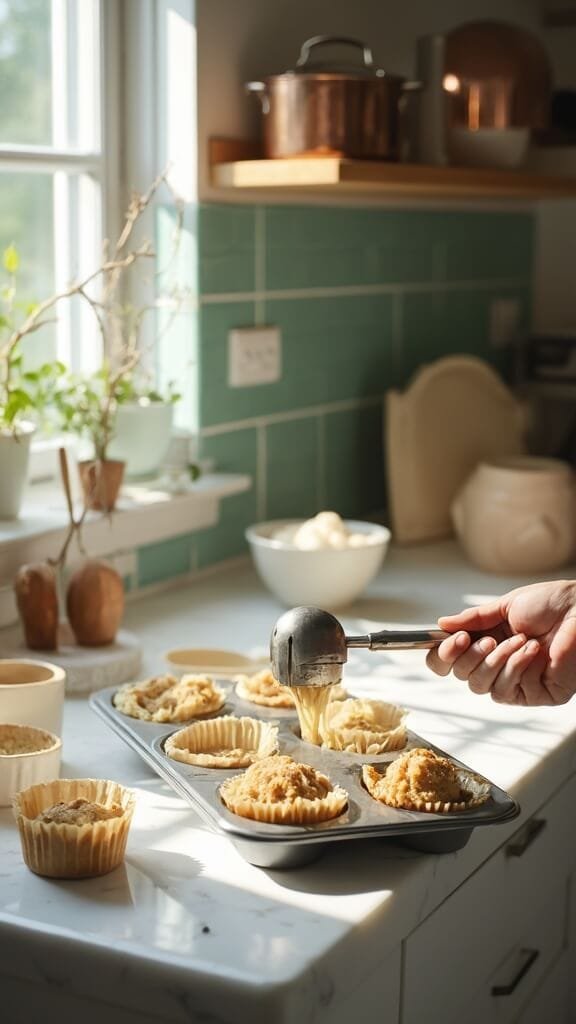 Preparing almond muffins in a modern kitchen, scooping batter into paper-lined muffin tins