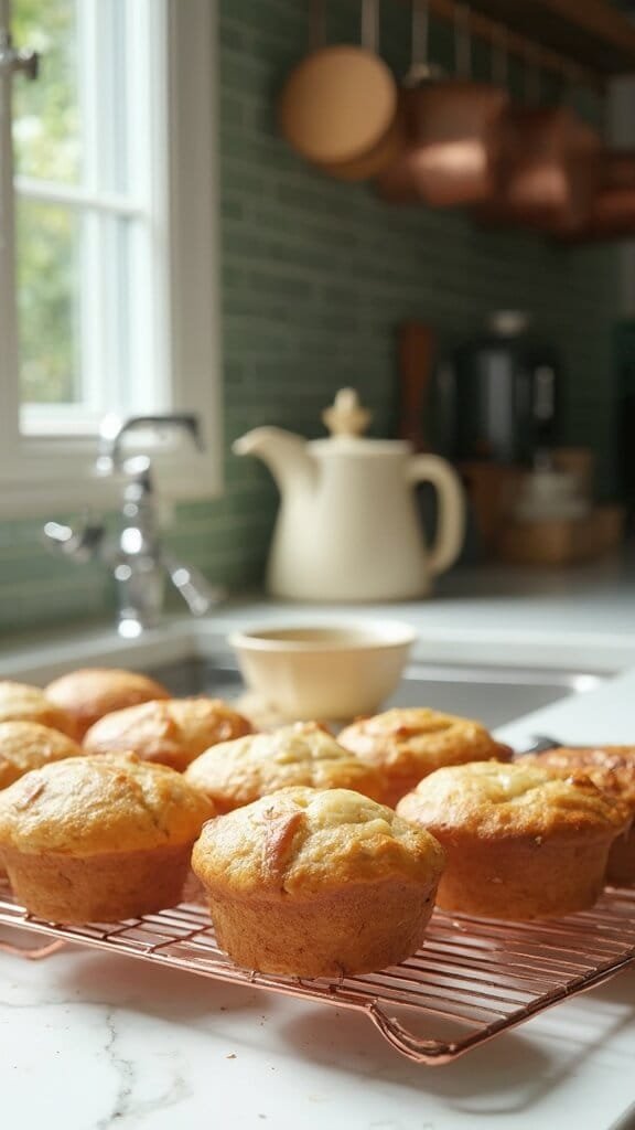 Golden-brown almond muffins cooling on a copper rack in a modern kitchen with green subway tile backsplash, under natural daylight