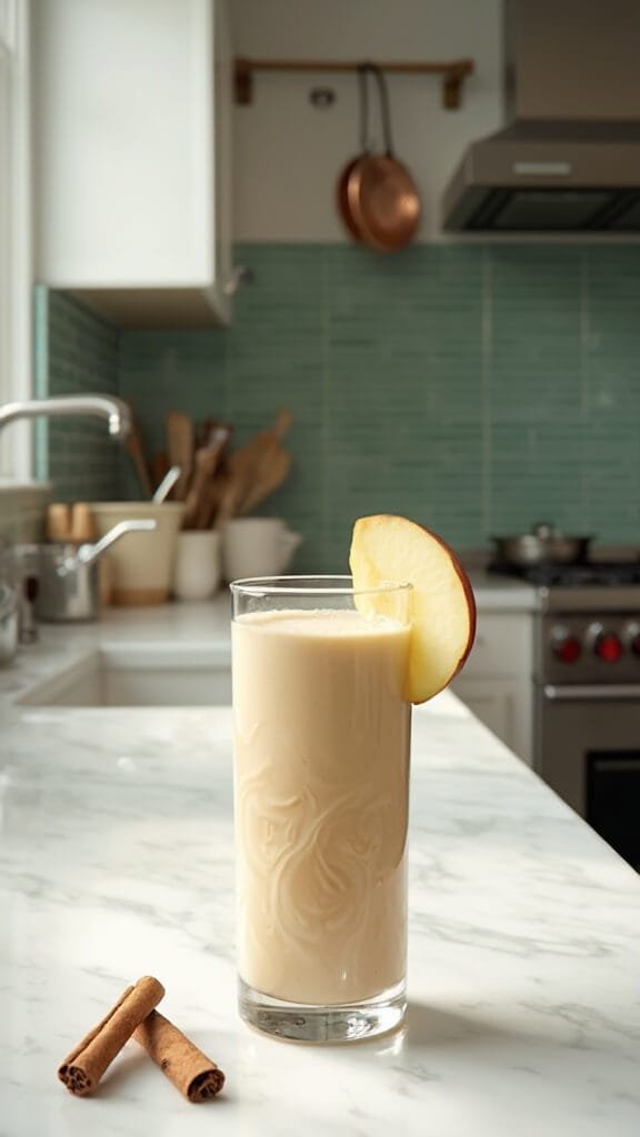 Modern kitchen with green subway tile, wooden utensils, and cream-colored ceramic prep bowls, featuring a creamy beige smoothie in a tall clear glass garnished with apple slice and cinnamon stick on marble countertop.