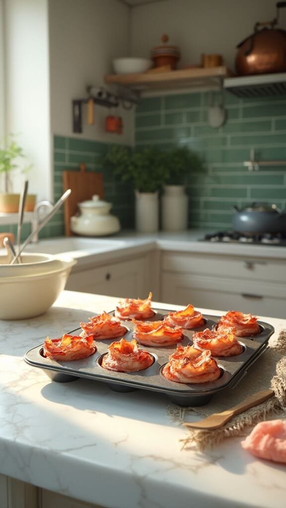 Partially cooked bacon strips in muffin tin on a marble countertop in a modern kitchen with green subway tiles and copper pots