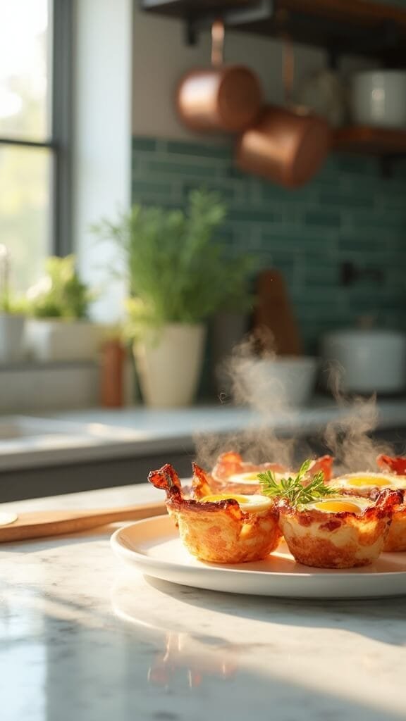 Bacon and egg cups fresh from the oven in a modern kitchen with green subway tile backsplash, wooden utensils, and cream-colored ceramic bowls, shot in natural daylight