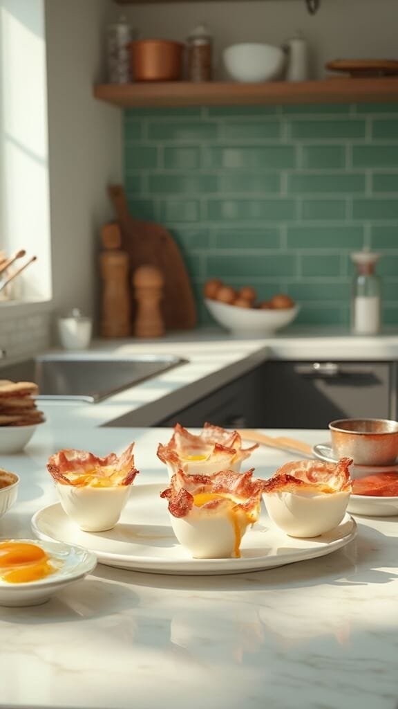 Modern kitchen with white marble countertops, stainless steel appliances, green subway tile backsplash, and warm earthy color scheme. Clear and cream prep bowls, wooden utensils, and copper pots are neatly arranged. Fresh eggs cracked into bacon-lined cups, with a wooden pepper mill and salt cellar nearby.