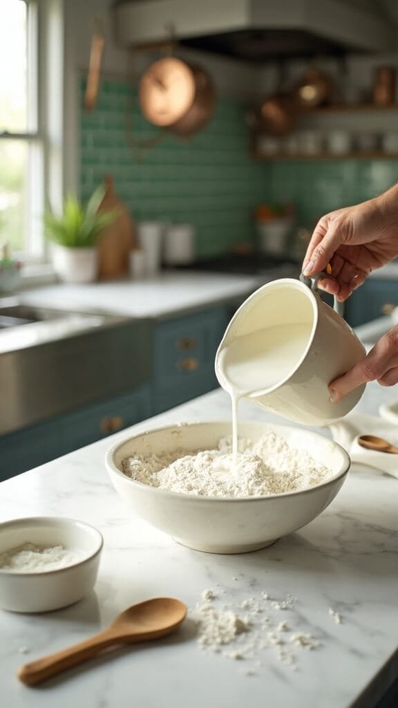 Traditional Irish Soda Bread 5 Buttermilk being poured into flour mixture on white marble countertop in a modern kitchen, with sunlight casting soft shadows